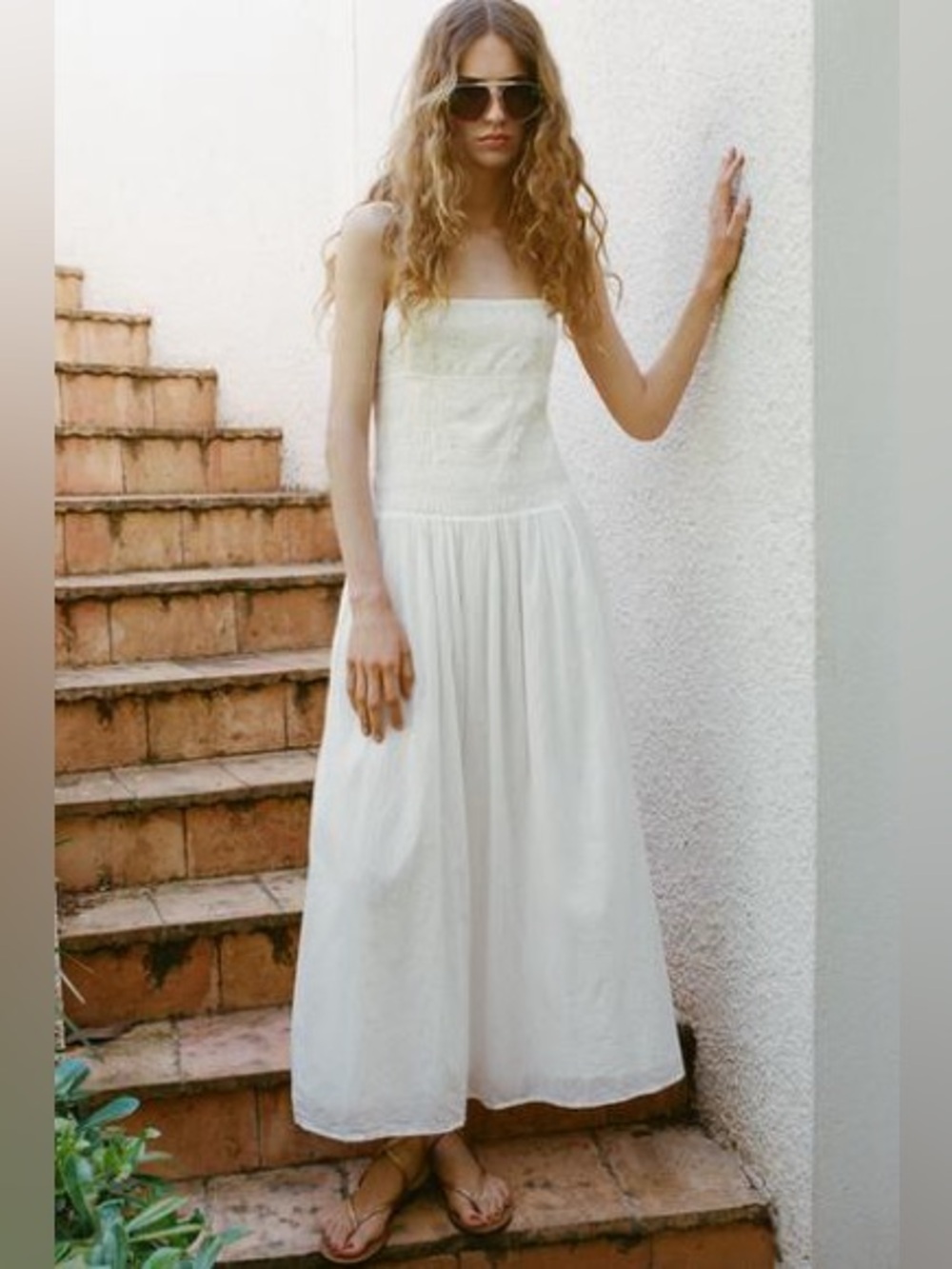 ZARA cotton smocked bodice white long dress with floral embroidery.